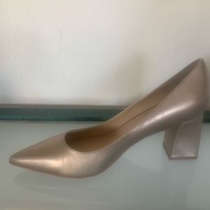 Block heeled matt gold pointy toe pumps by Marc Fisher. Great condition.